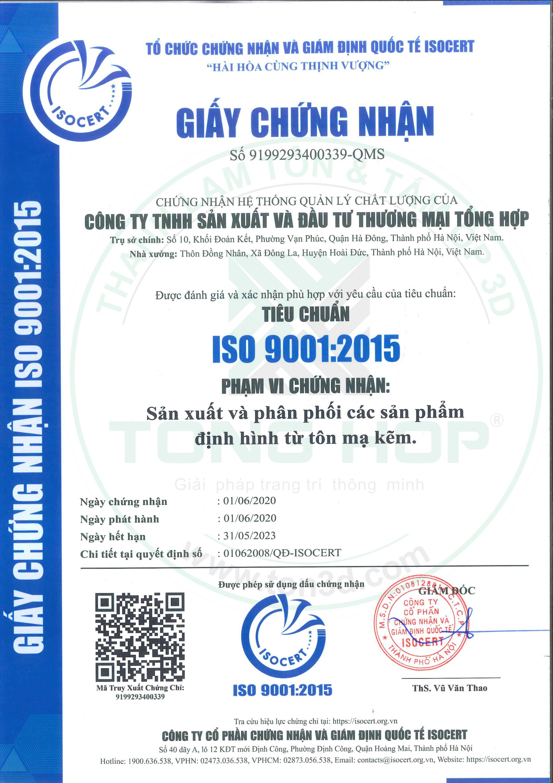 tôn mạ mầu tổng hợp tiêu chuẩn ISO 9001